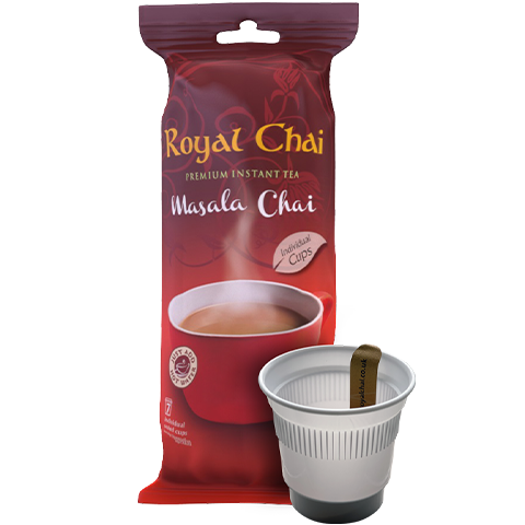 Royal Chai Masala Chai instant tea package with a white cup and filter.