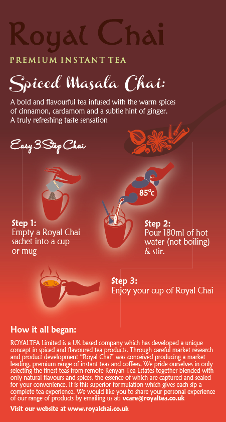 Royal Chai Spiced Masala Chai tea packaging with brewing instructions on a red background