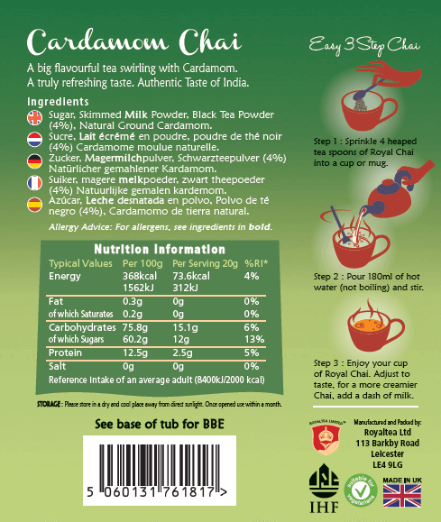 Back of a Royal Chai Cardamom Chai packaging with nutritional information and usage instructions.