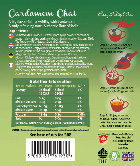 Back of a Cardamom Chai packaging with ingredients, nutrition information, and steps to make the drink.